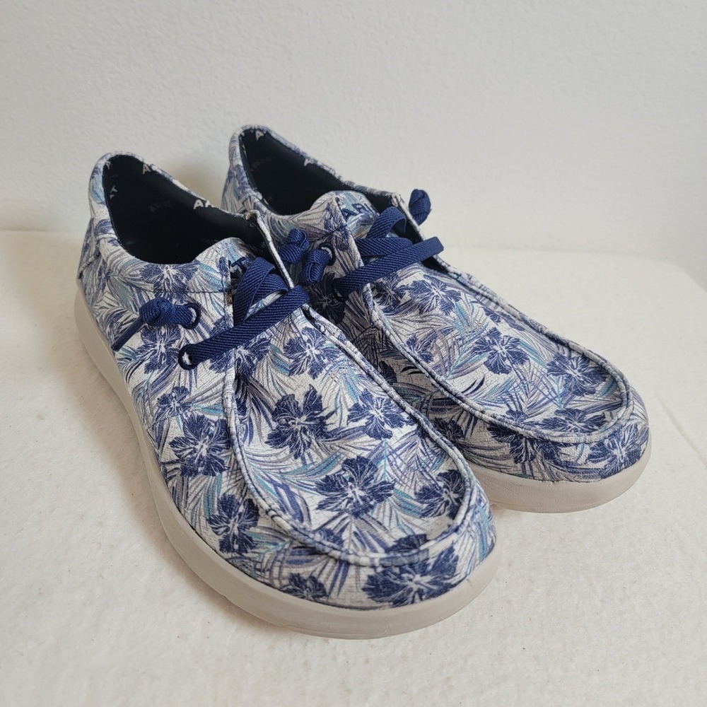 Ariat Hilo Mens 9.5 D Blue Tropical Floral Canvas Moc Toe Shoes Loafer Shoes